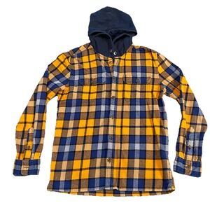 Aeropostale Men's Blue Orange X-small XS Plaid Button Up Hoodie Flannel